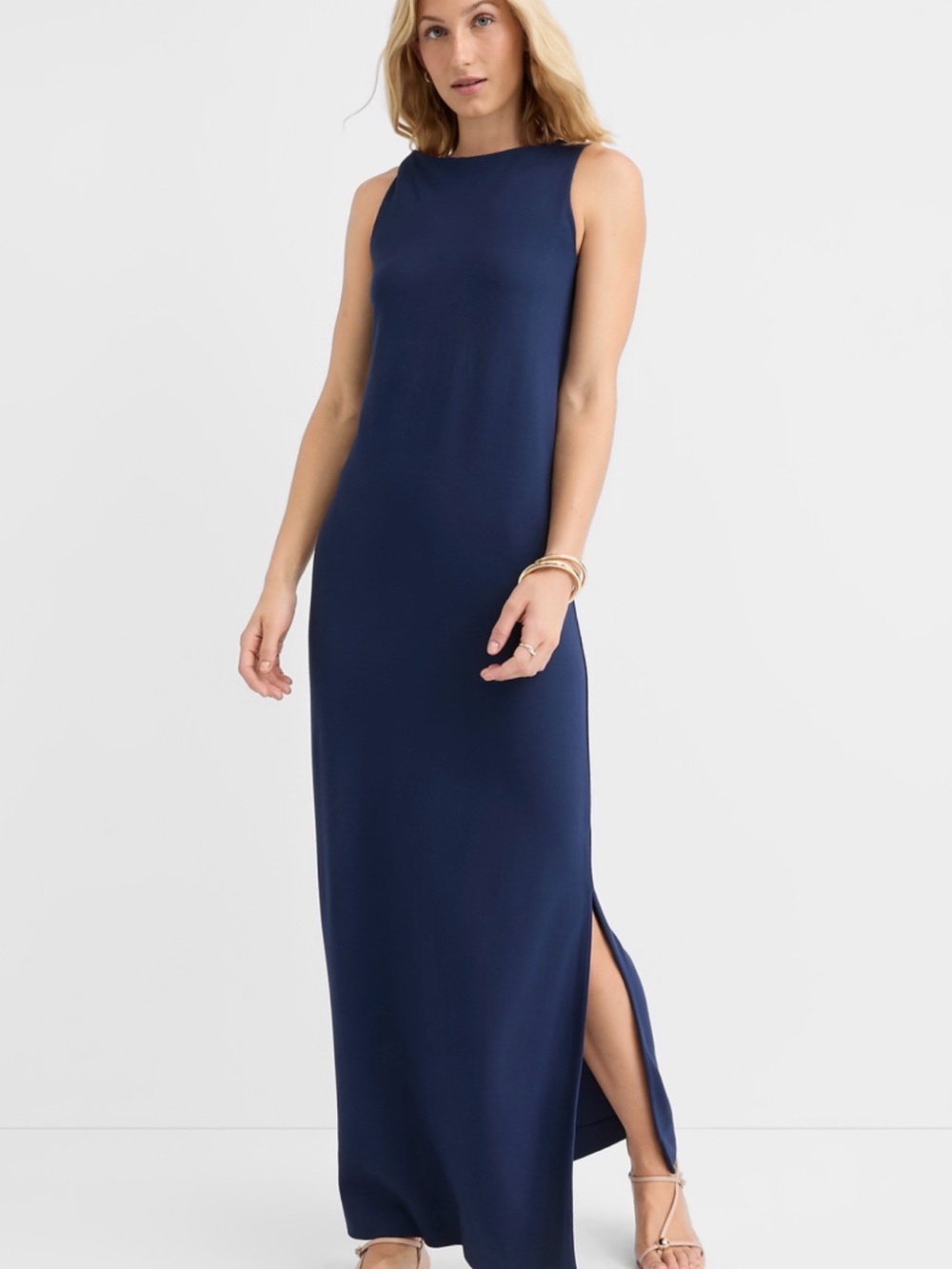 LOFT Navy Sleeveless Maxi Dress with Side Slit Detail & Knotted Shoulder